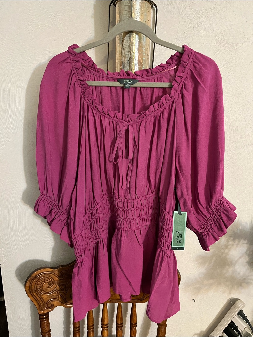 Terra & Sky Fuchsia Ruffle Peasant Top